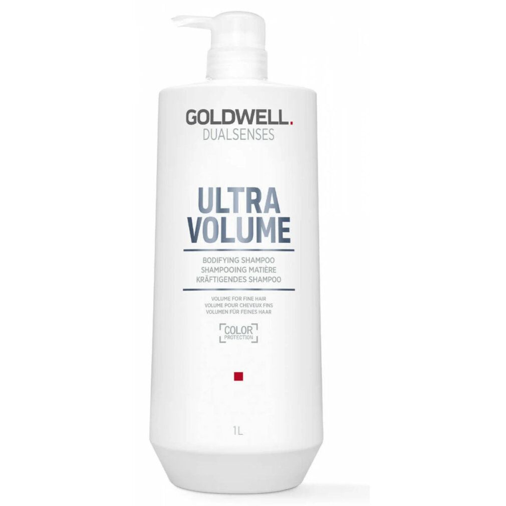 Flacone bianco Goldwell Dualsenses Ultra Volume Bodifying Shampoo con pompa. Testo e logo blu e nero. 1L.