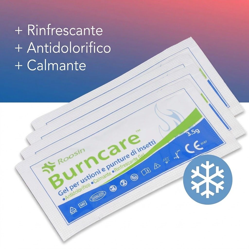 Tre bustine di gel per ustioni e punture di insetti. Testo: Rinfrescante, antidolorifico, calmante. Fiocco di neve.