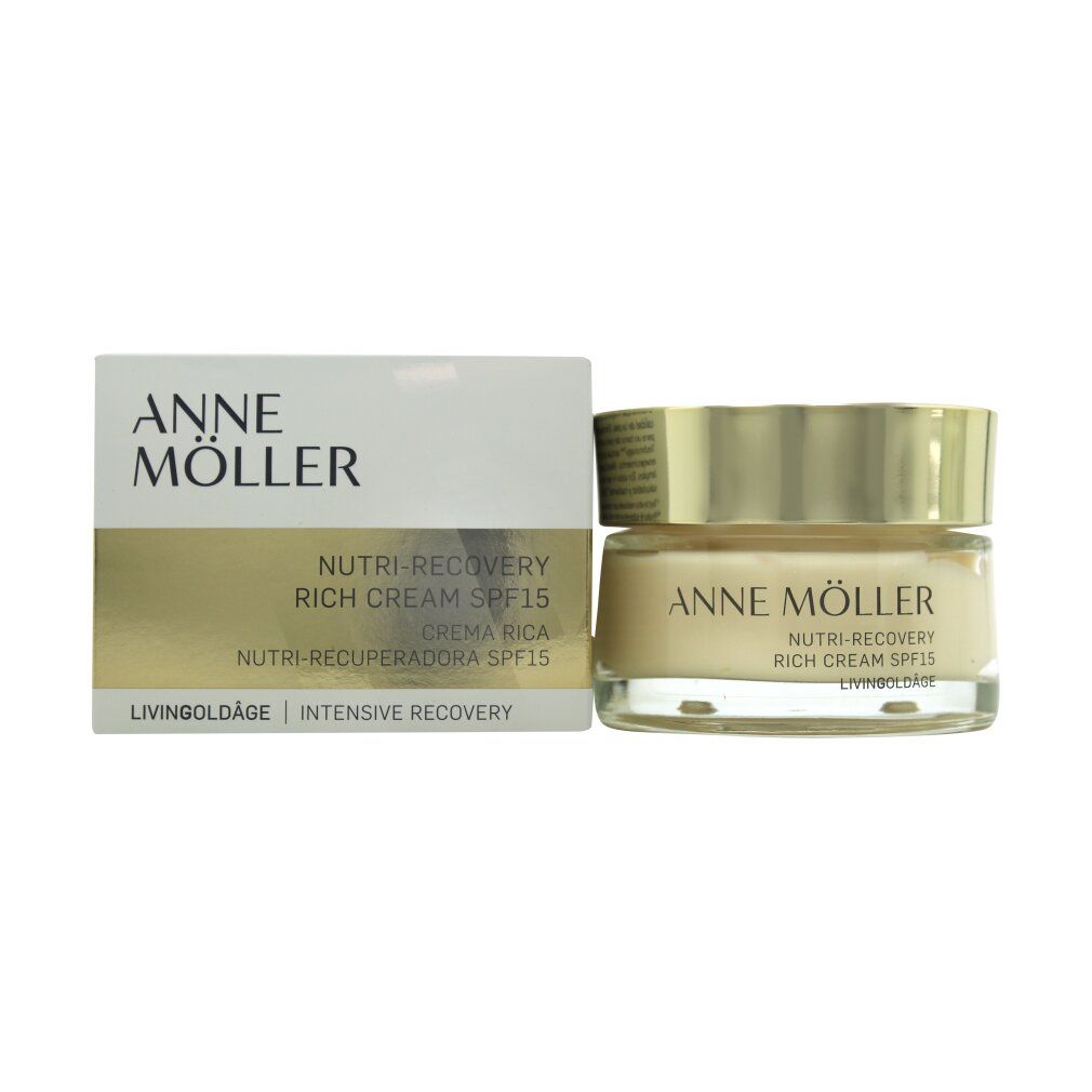 Anne Möller Nutri-Recovery Rich Cream SPF15 e confezione. Vaso di vetro con tappo dorato.