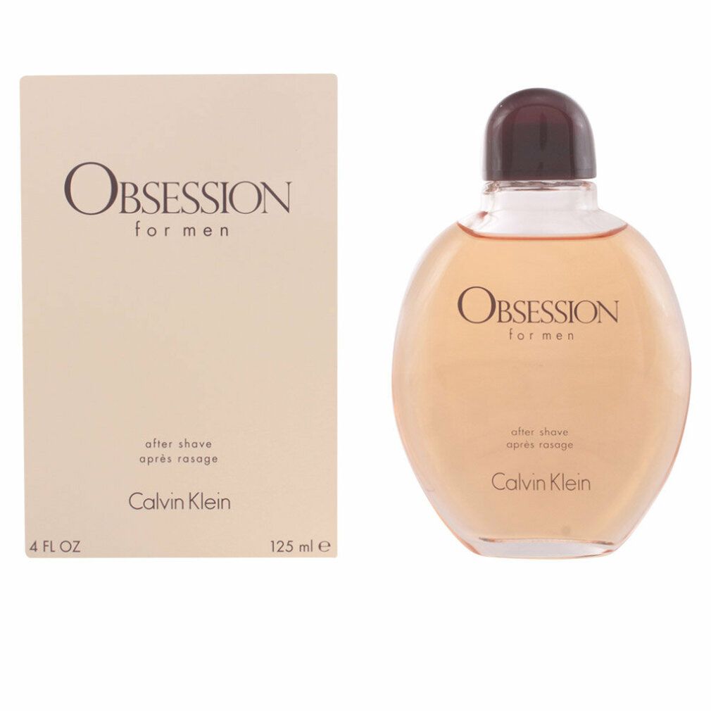 Flacone e confezione. Scritta: Obsession for men, after shave, Calvin Klein. 4 FL OZ, 125 ml e.