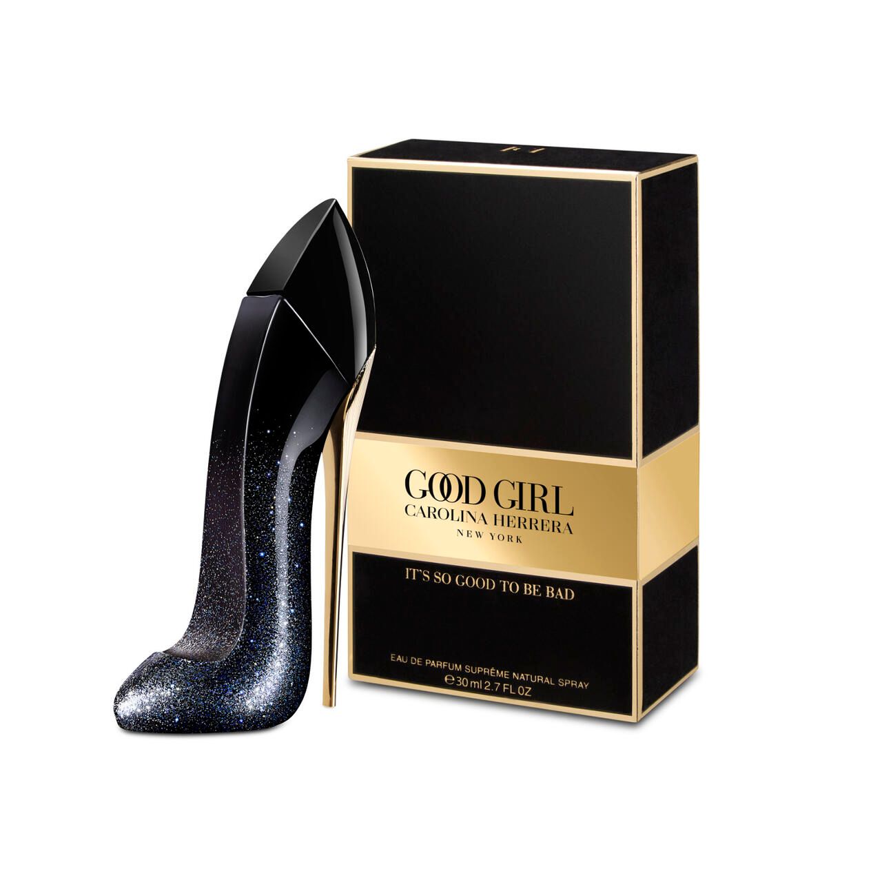 Flacone nero a forma di scarpa e confezione. Dettagli dorati. Scritta: Good Girl, Carolina Herrera, It's so good to be bad.