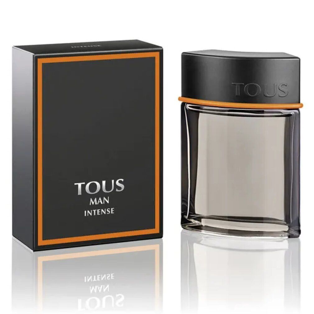 Flacone e scatola di Tous Man Intense. Scatola nera con cornice arancione. Flacone con tappo nero e anello arancione.