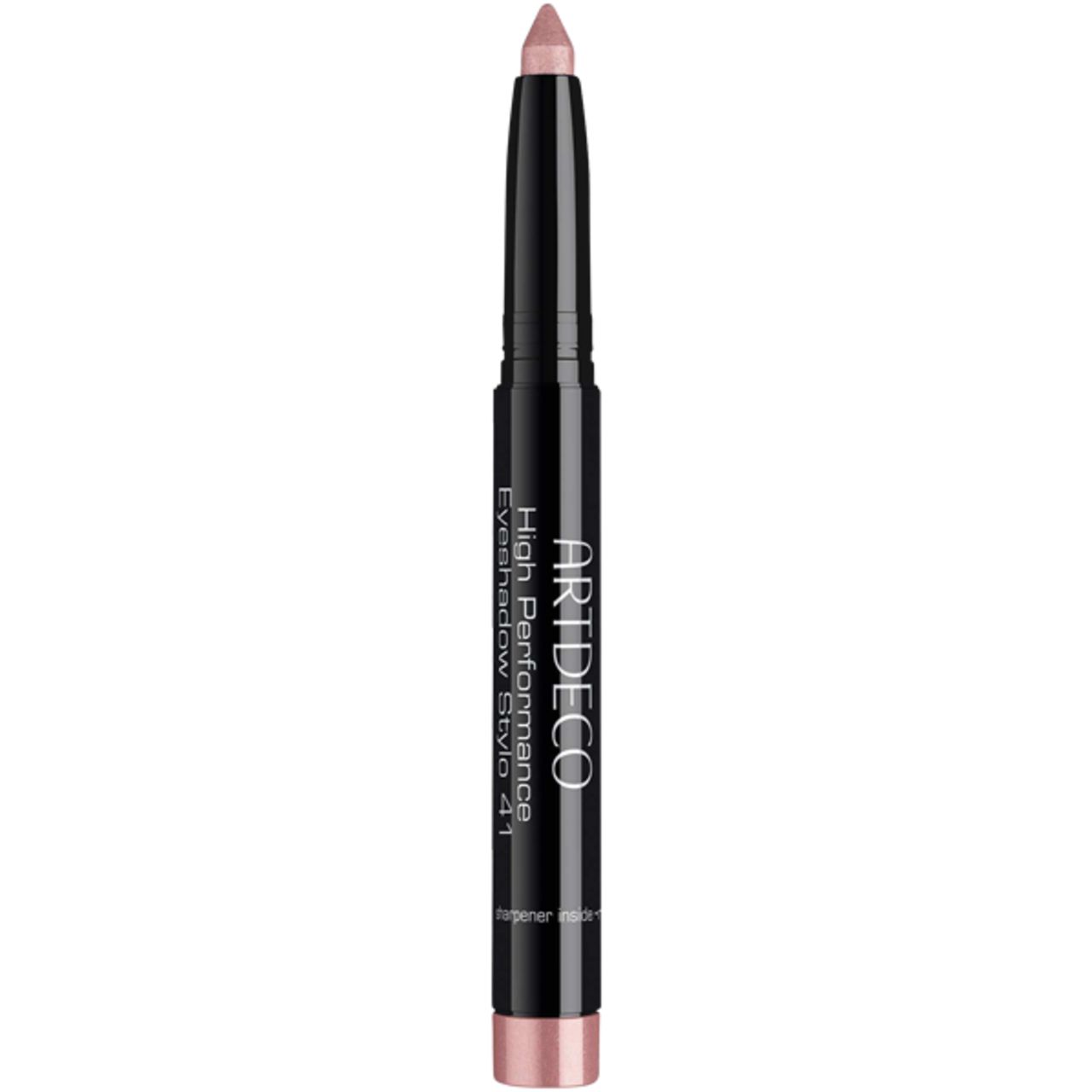 Artdeco High Performance Eyeshadow Stylo. Matita nera con ombretto rosa. Nome del prodotto e marchio sulla matita.
