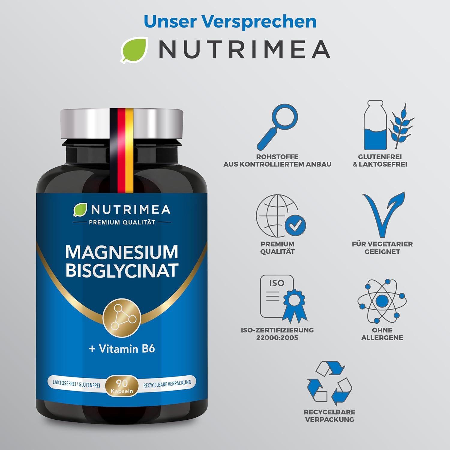 Flacone del prodotto con magnesio bisglicinato + vitamina B6. Contiene 90 capsule. Senza glutine, senza lattosio, adatto ai vegetariani.