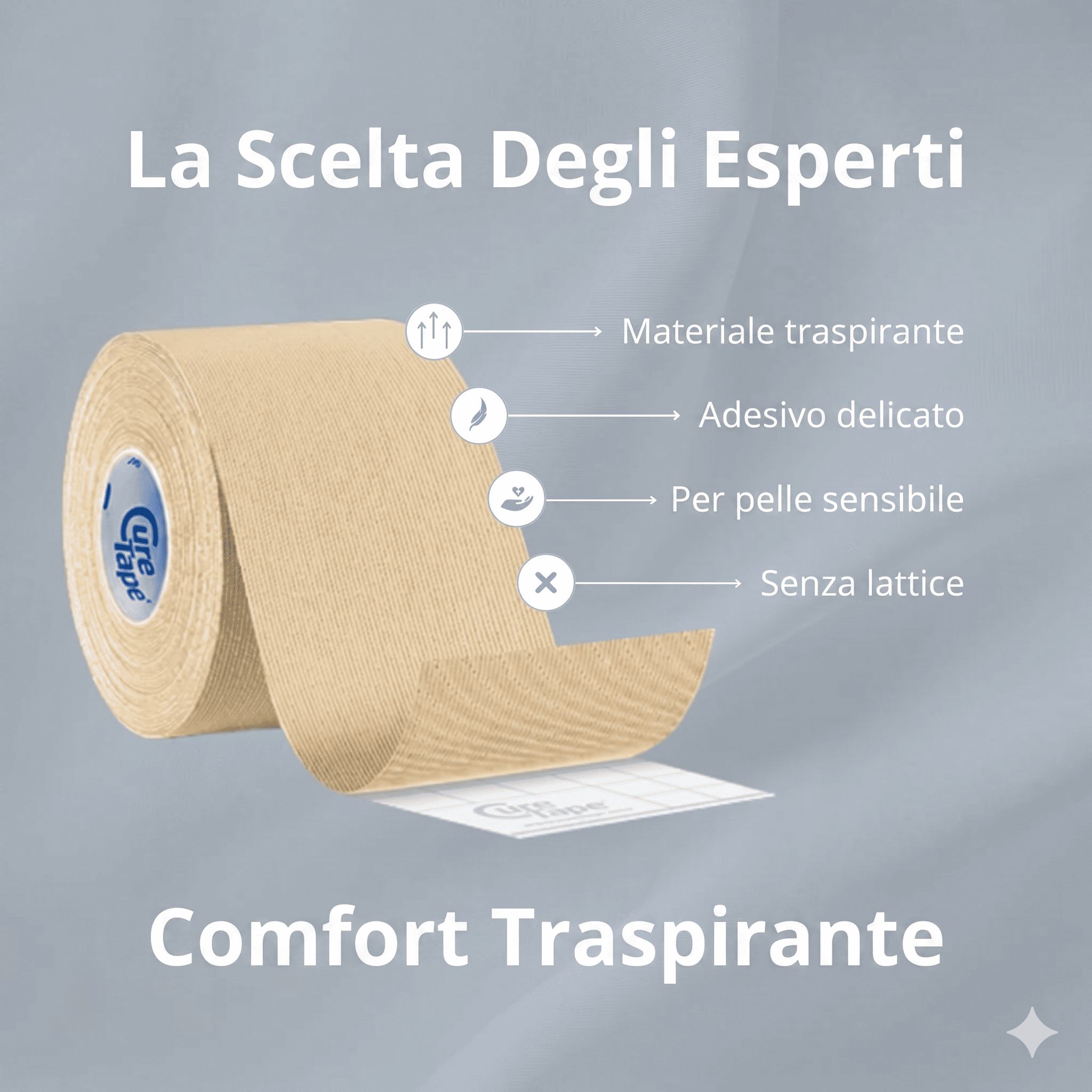Rotolo di tape kinesiologico con logo 'Cure Tape'. Testo: La scelta degli esperti, materiale traspirante, adesivo delicato, per pelli sensibili, senza lattice.