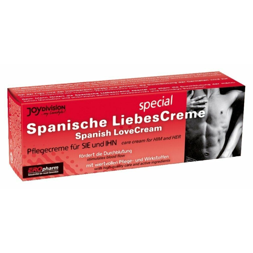 Confezione della crema amorosa speciale spagnola EROpharm, con immagine di un uomo.