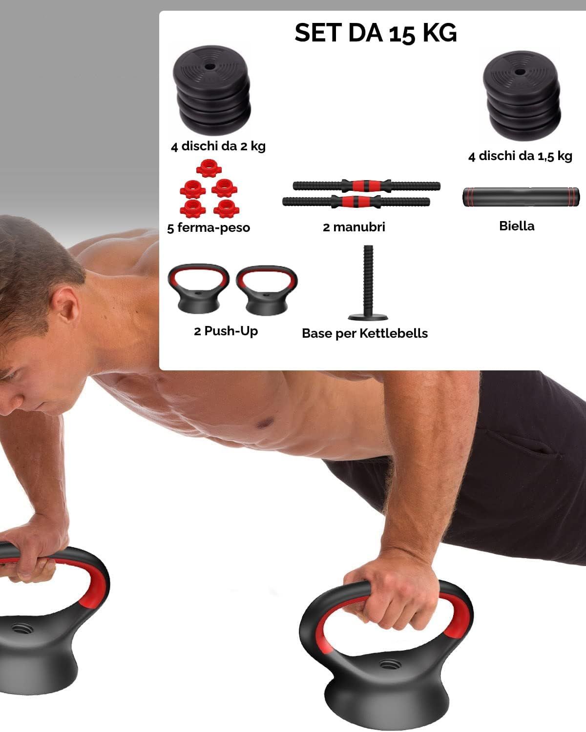 Uomo che fa flessioni con maniglie per kettlebell. Componenti: dischi, bilancieri, maniglie per flessioni. Testo: SET DA 15 KG.
