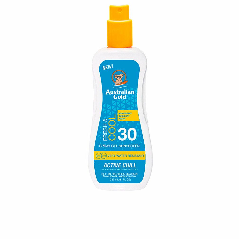 Spray gel solare. Flacone bianco con erogatore giallo. Etichette blu e gialle con testo: SPF 30, Active Chill, Australian Gold.
