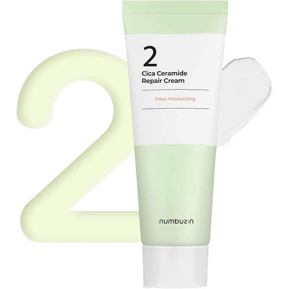 Tubo di crema con sezioni verdi e bianche, accanto a un "2" verde. Scritta: "2 Cica Ceramide Repair Cream". Marchio: numbuz:n.