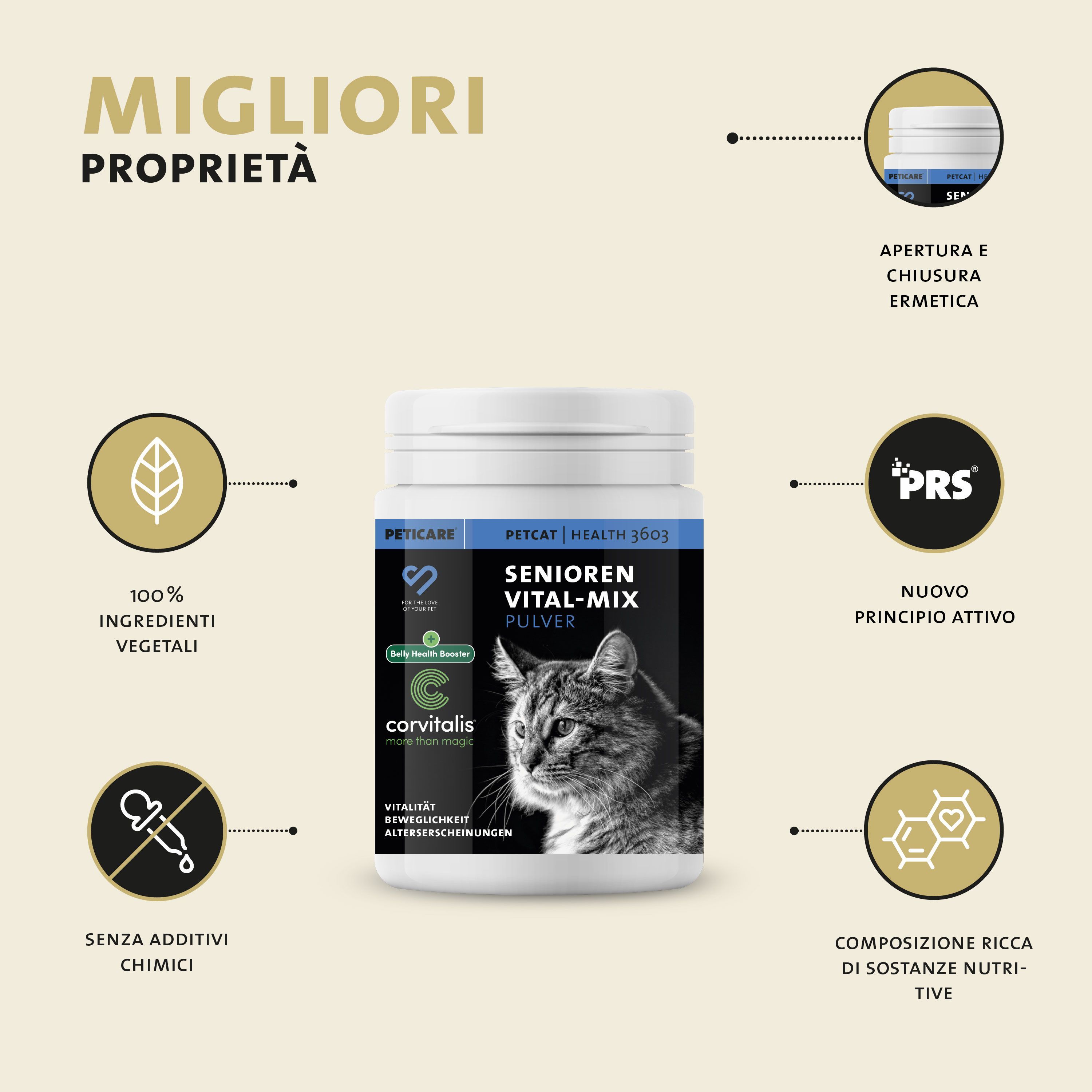 Barattolo Peticare Senioren Vital-Mix polvere, con icone per metabolismo, mobilità, intestino.
