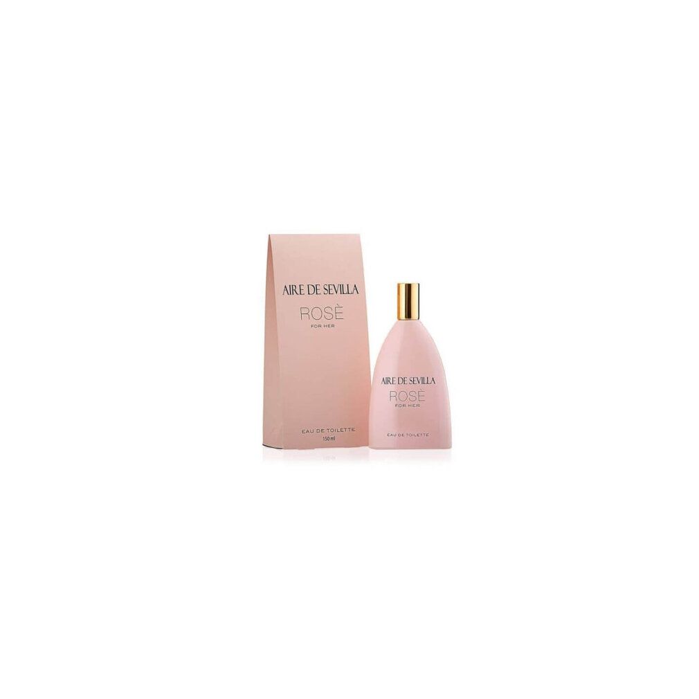 Eau de toilette rosa e confezione. Flacone e confezione con scritta: Aire de Sevilla Rosé For Her.