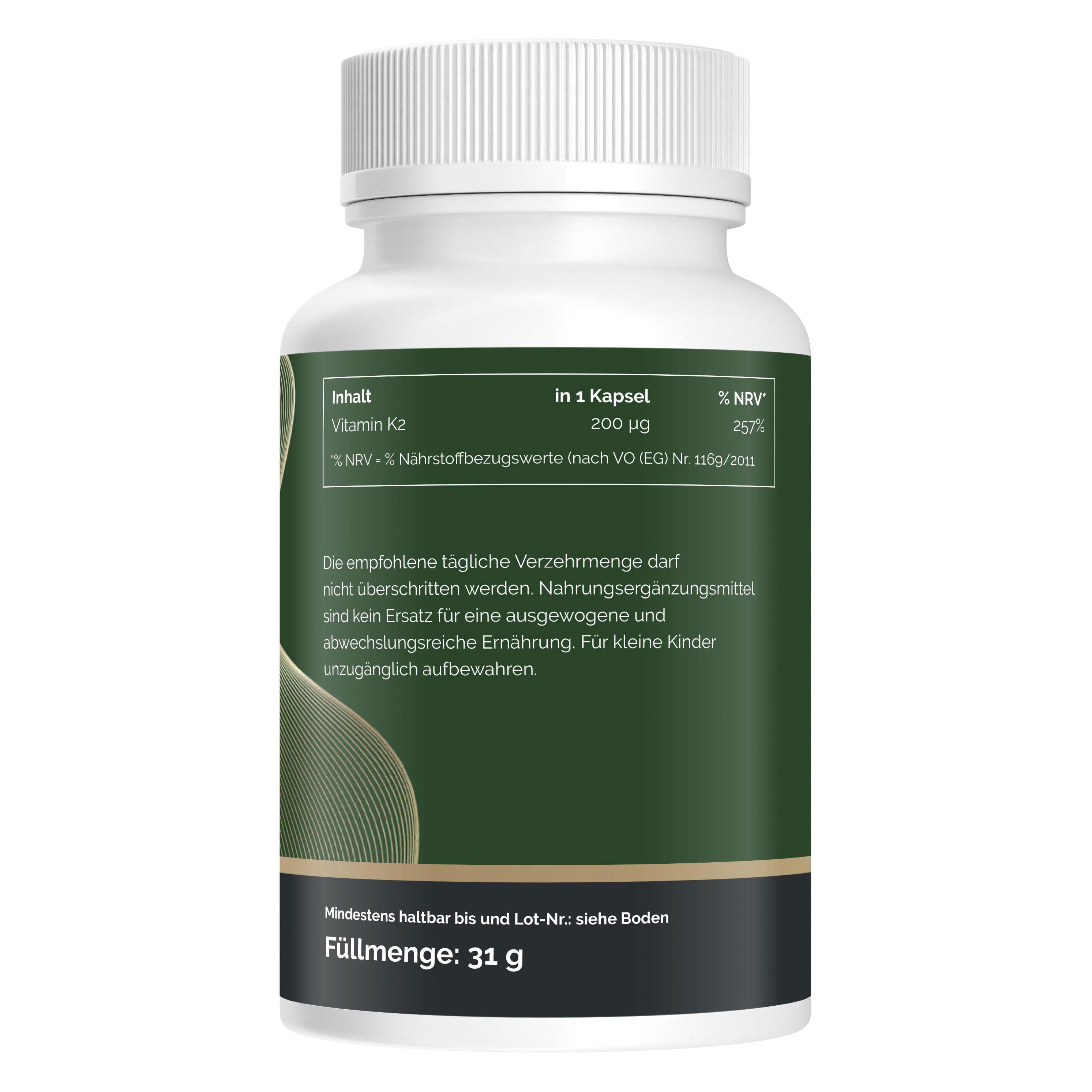 Retro di un flacone di pillole bianco. Contenuto, informazioni nutrizionali, dose giornaliera raccomandata, durata minima e peso netto: 31 g.