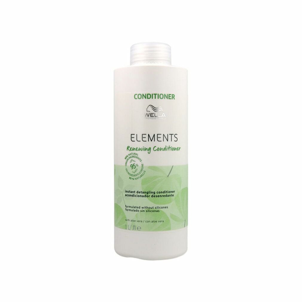 Flacone bianco con motivo a foglie verdi. Scritta: CONDITIONER, ELEMENTS, 95%. Nome del prodotto non indicato.