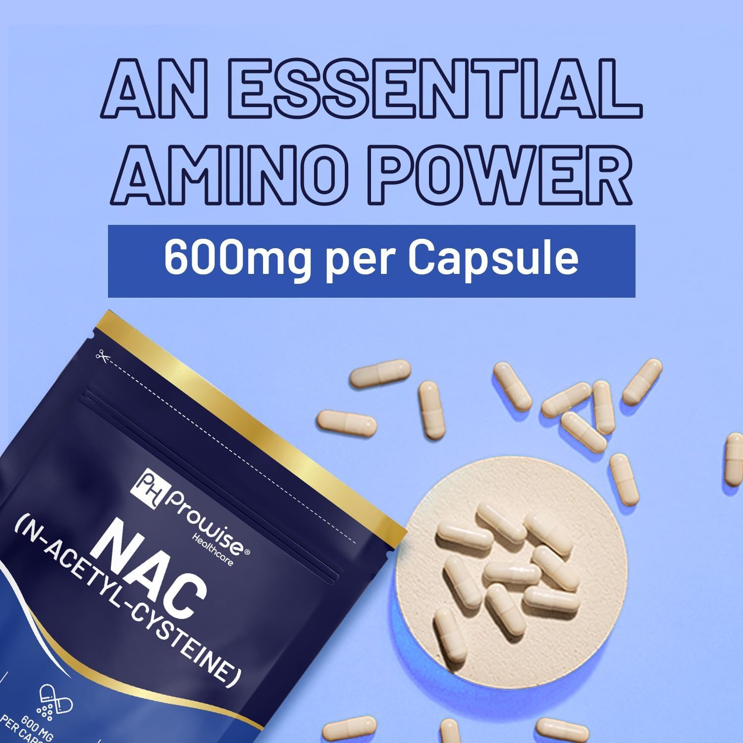 Capsule Prowise NAC (N-Acetil-Cisteina) in una bustina. 600mg per capsula. Capsule su un vassoio di legno. Confezione blu.