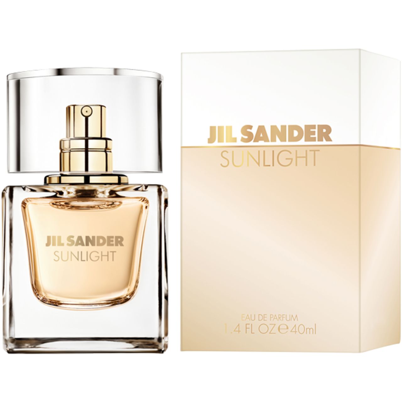 Flacone e confezione Jil Sander Sunlight. Flacone quadrato e confezione rettangolare. Scritta Sunlight e informazioni sul prodotto.