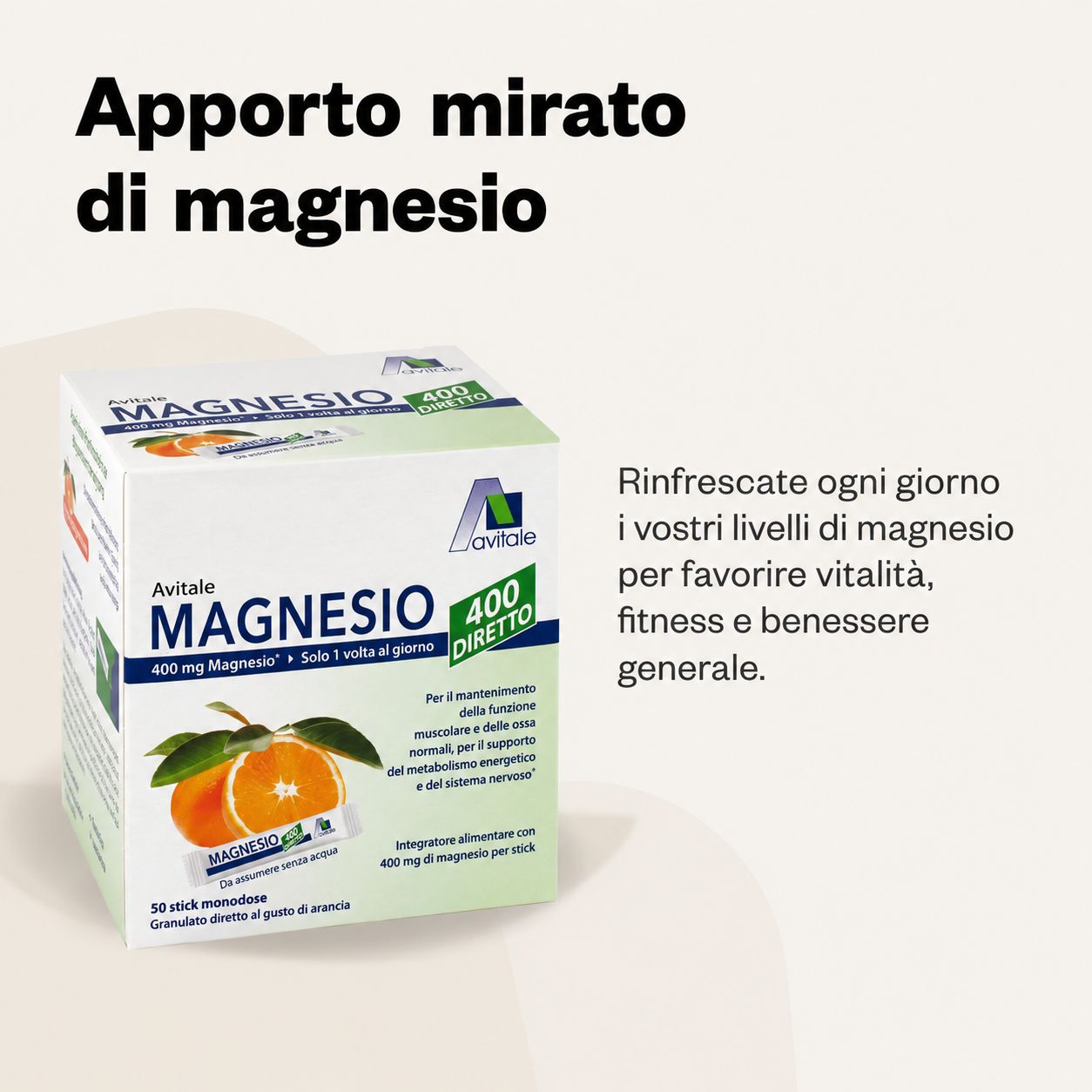 Scatola Avitale Magnesium 400 Direkt Orange. Testo: Apporto mirato di magnesio. 50 stick.