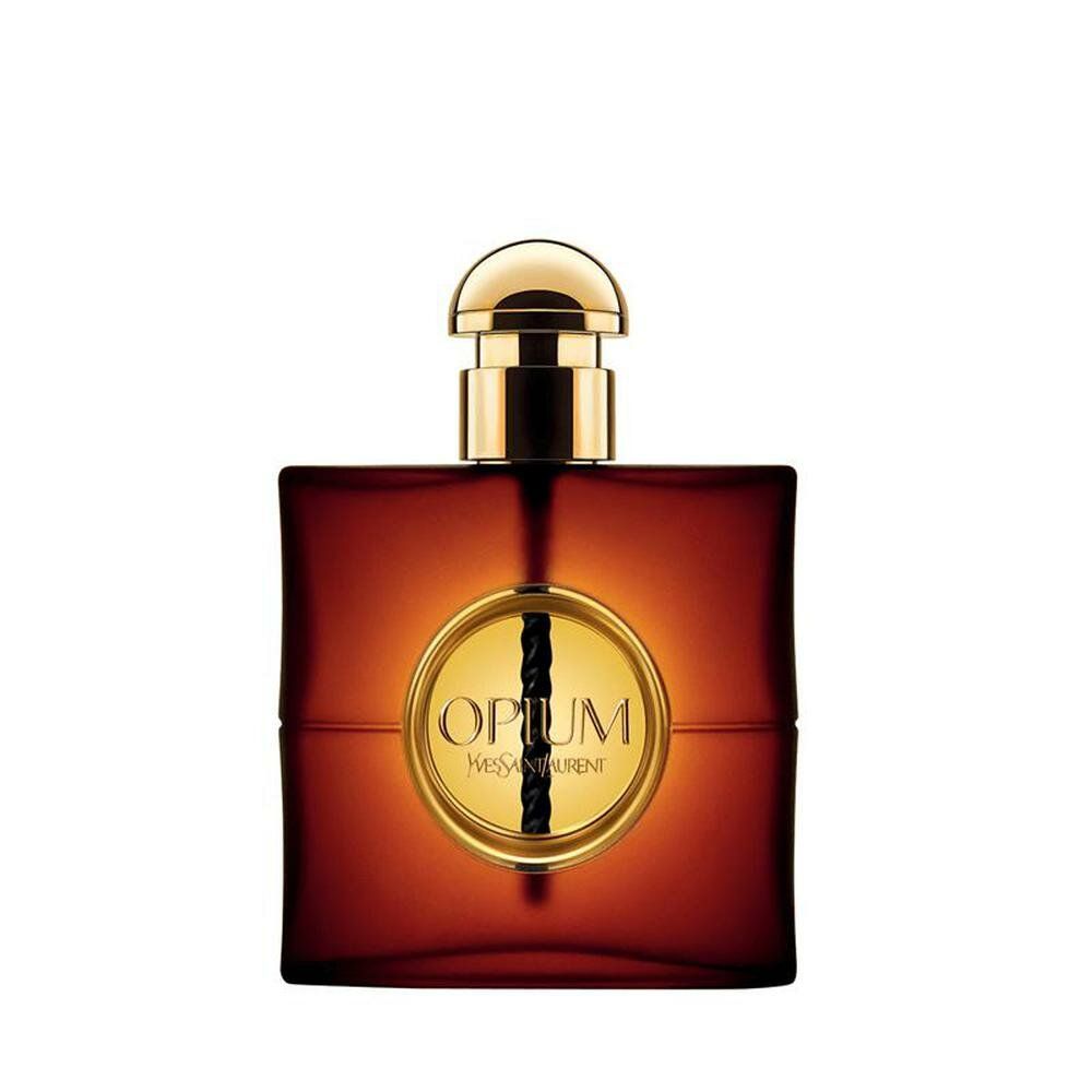 Flacone marrone scuro con tappo dorato. Etichetta dorata con "Opium" e logo Yves Saint Laurent. Design quadrato, elegante.