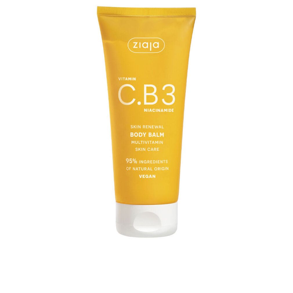 Tubo giallo con tappo bianco. Scritta: Ziaja, Vitamina C.B3, Skin Renewal Body Balm, Multivitamin Skin Care, 95% ingredienti di origine naturale, Vegan.