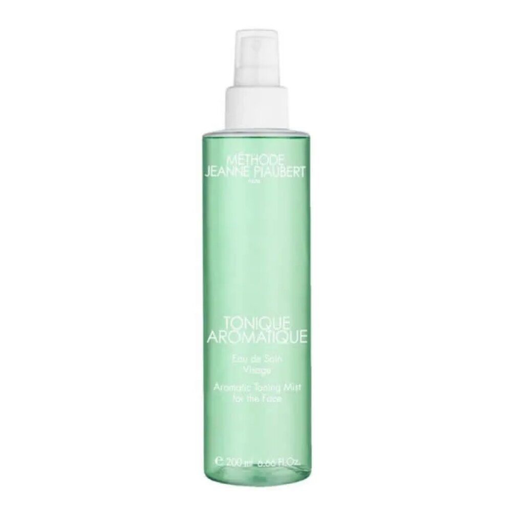 Flacone spray verde con erogatore bianco. Scritta: Methode Jeanne Piaubert, Tonique Aromatique, Eau de Soin Visage.