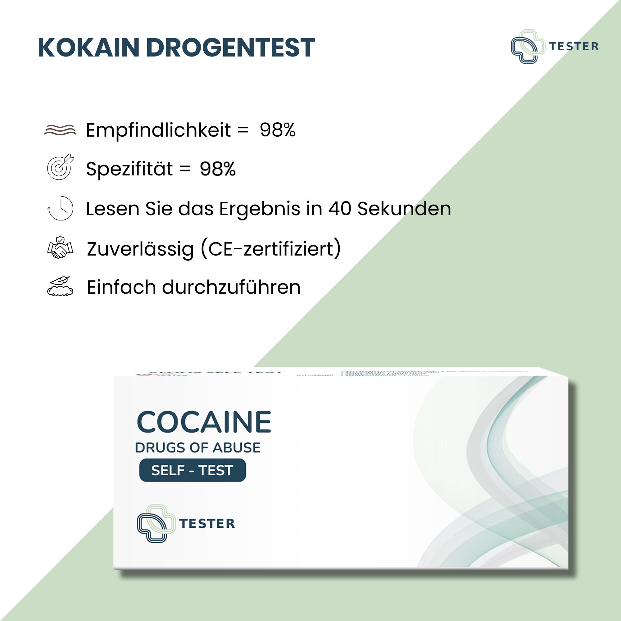 Test antidroga per la cocaina. Testo con simboli: Sensibilità 98%, Specificità 98%, risultato in 40 secondi, affidabile (certificato CE), facile.