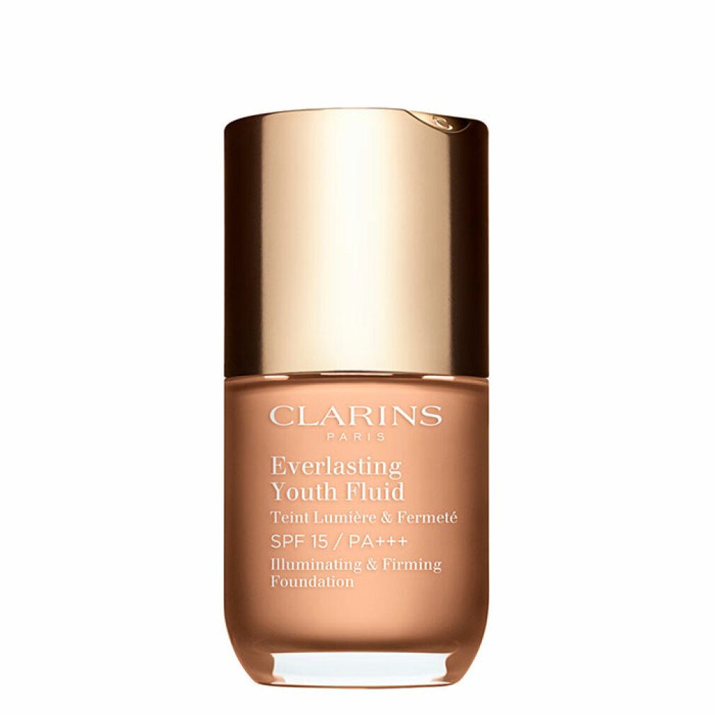 Flacone di fondotinta. Tappo dorato, contenitore trasparente. Scritta: Clarins, Everlasting Youth Fluid, SPF 15/PA+++.