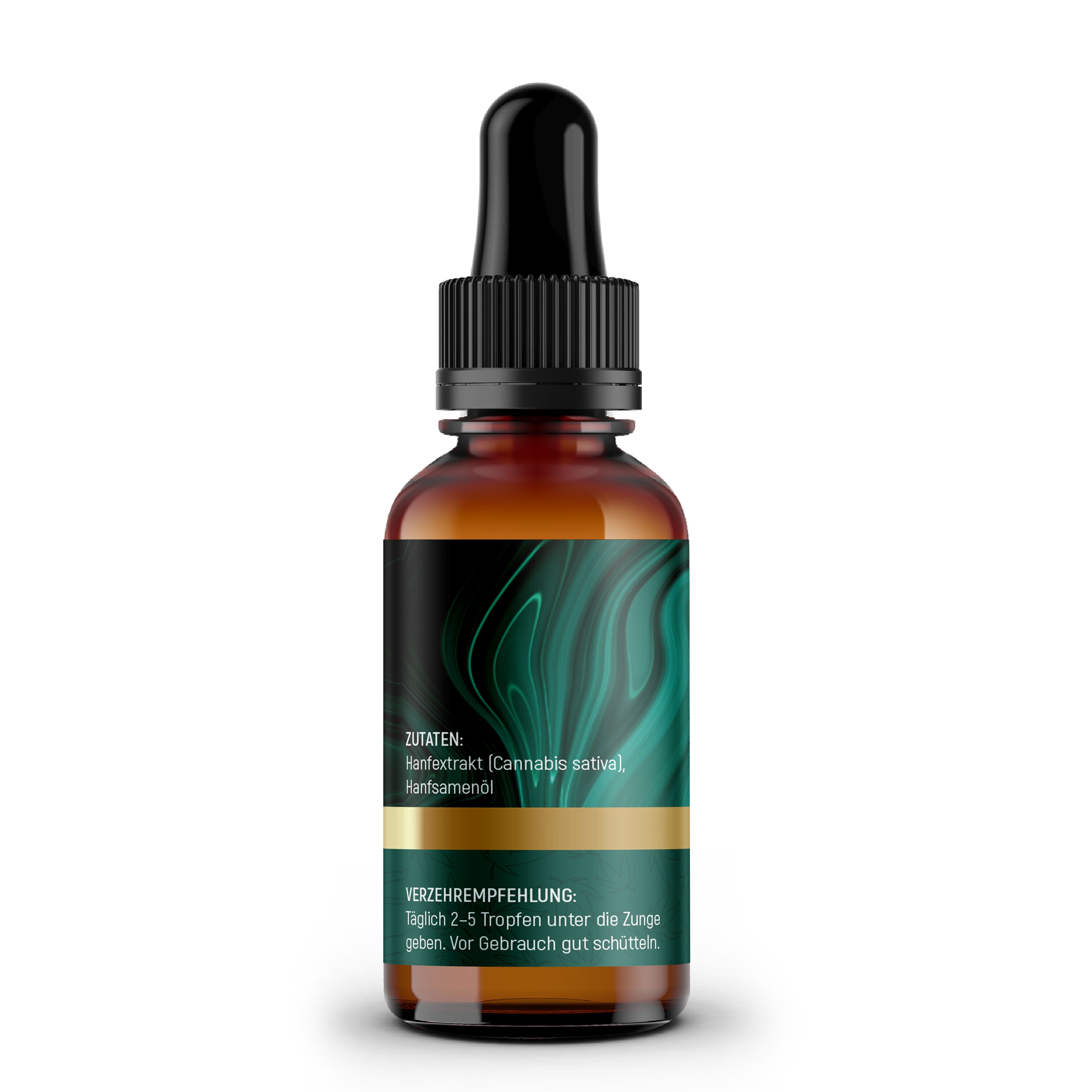 Flacone di vetro marrone con contagocce nero. Etichetta con ingredienti e raccomandazioni. Testo: Estratto di canapa, olio di semi di canapa.