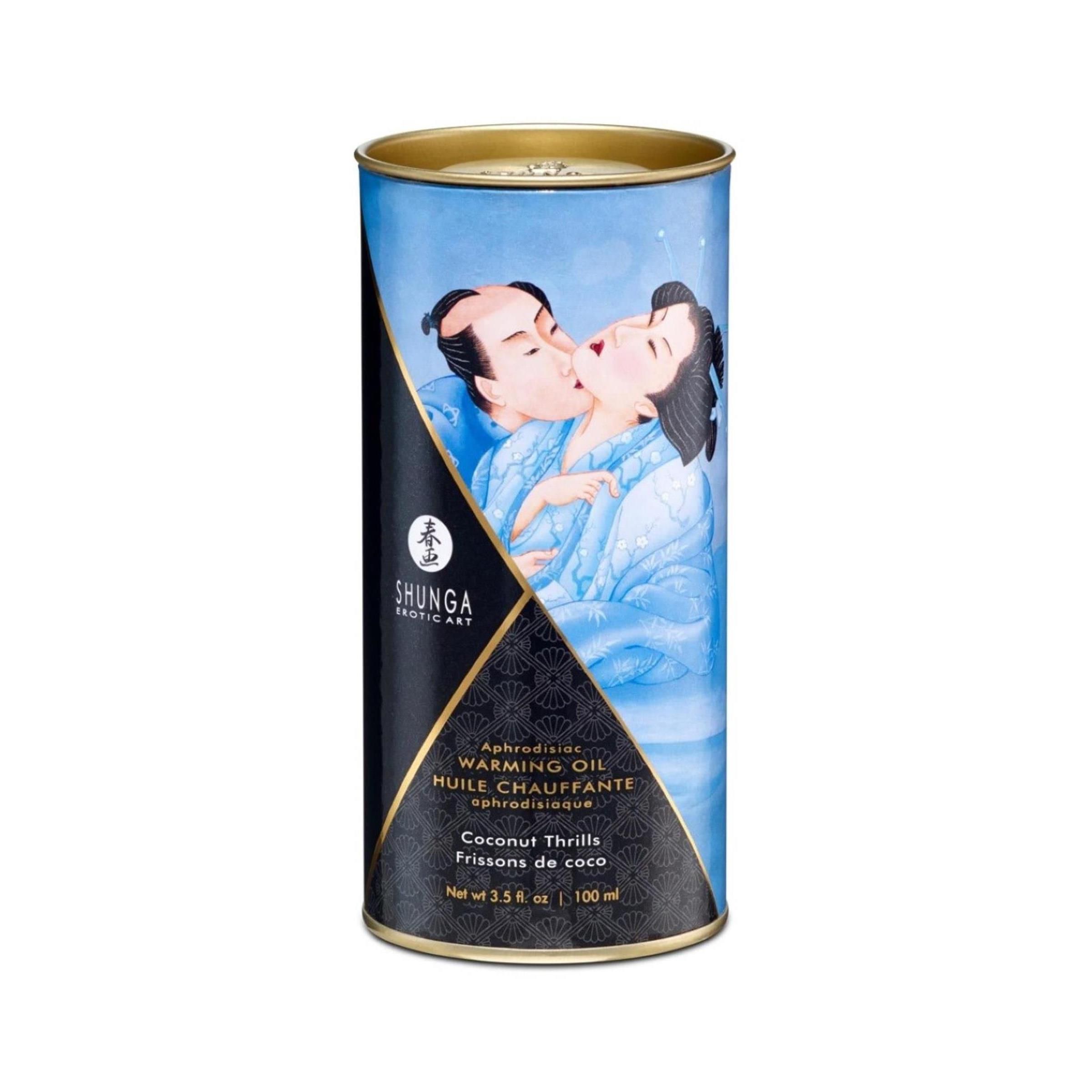 Confezione cilindrica di olio per massaggio. Immagine di coppia. Testo: Warming Oil, Coconut Thrills.