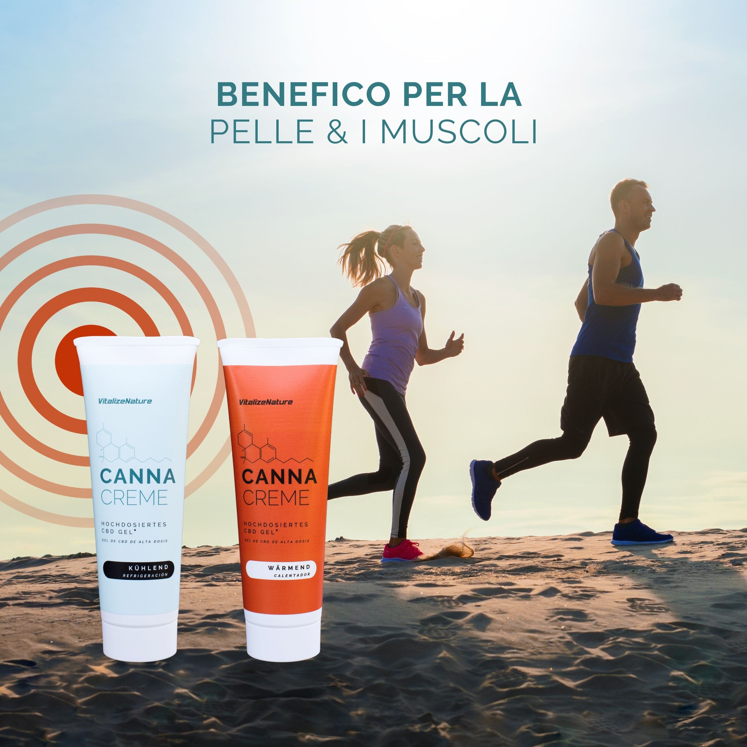 Due tubi. Testo: Canna Creme, rinfrescante e riscaldante. Due persone fanno jogging.