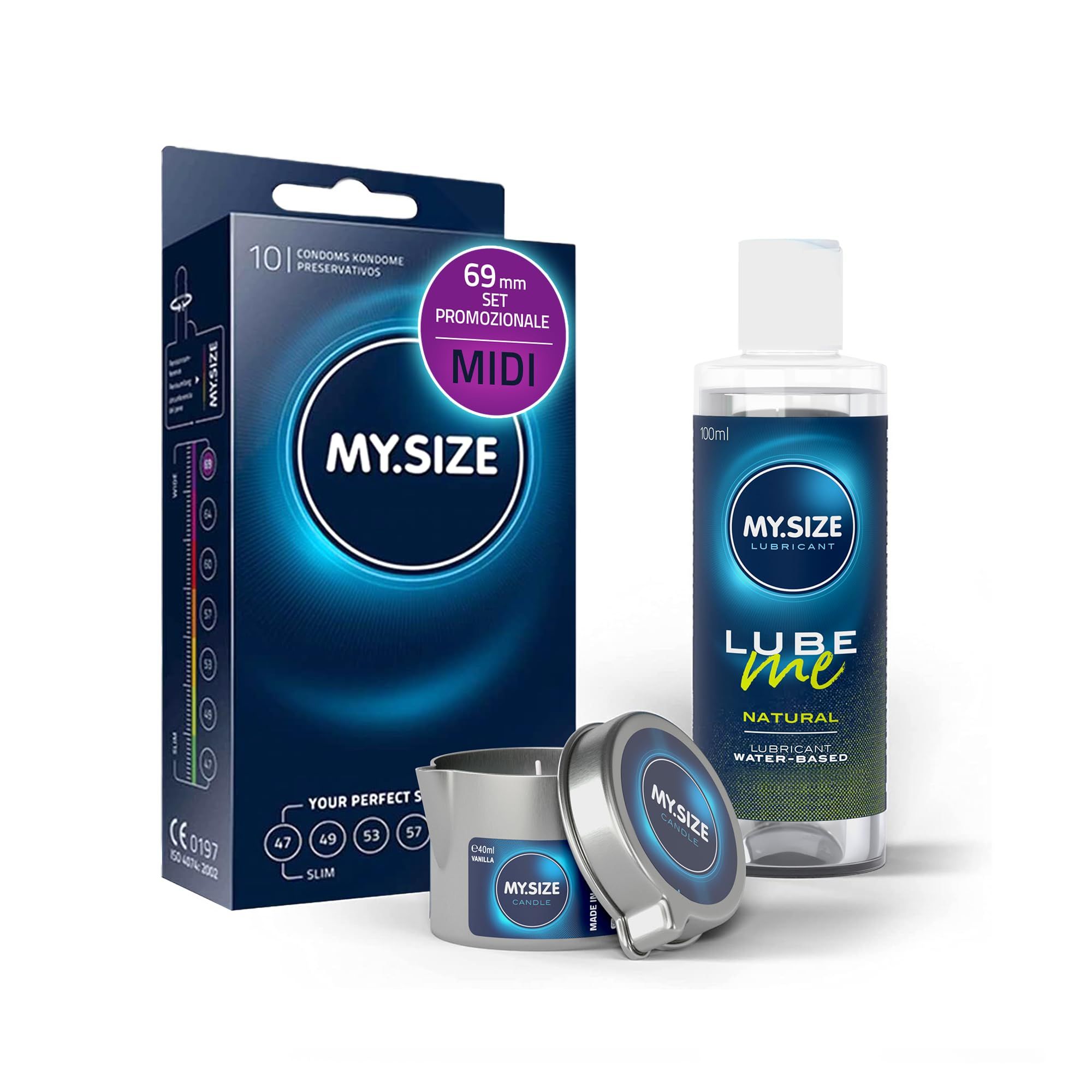 Confezione preservativi MY.SIZE, flacone lubrificante e lattina (Promo Set, Olandese).