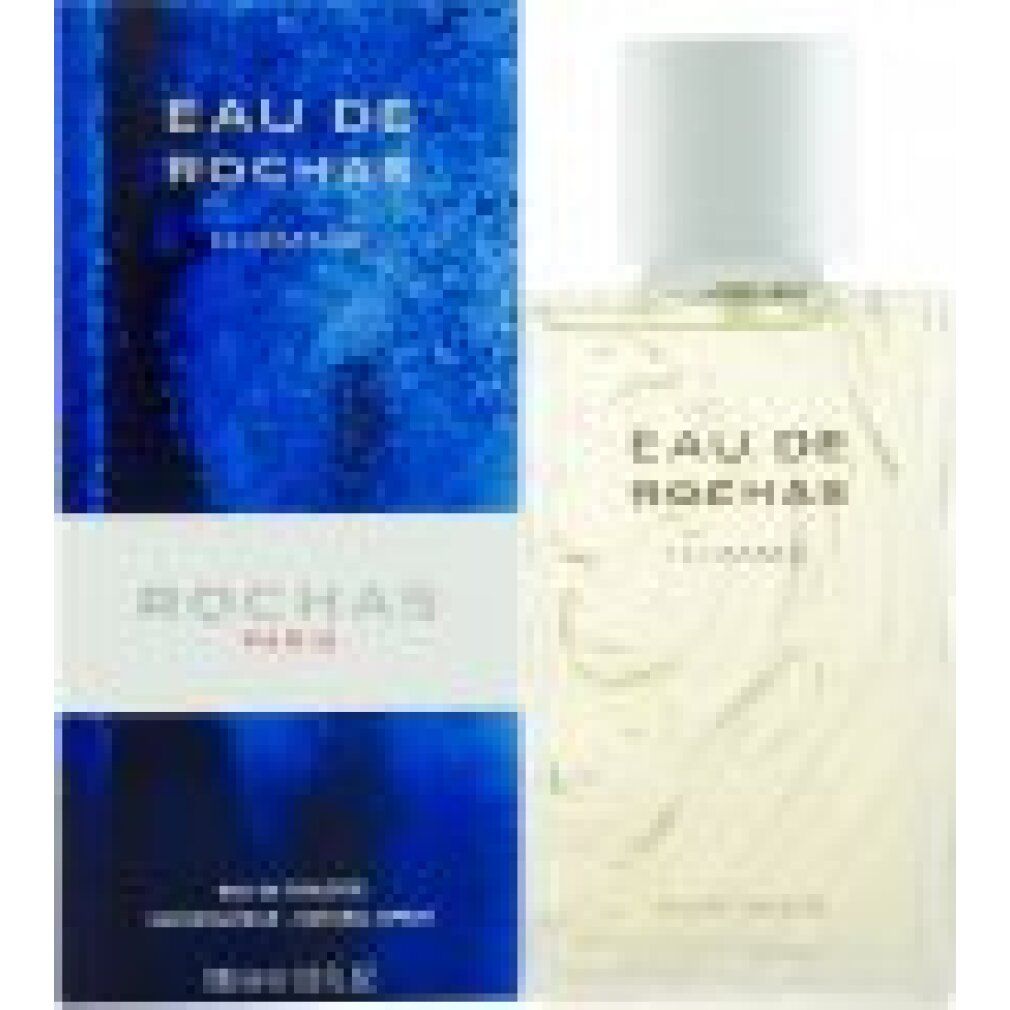 Flacone e confezione. Flacone con tappo argentato. Confezione blu con scritta bianca: Eau de Rochas Homme.