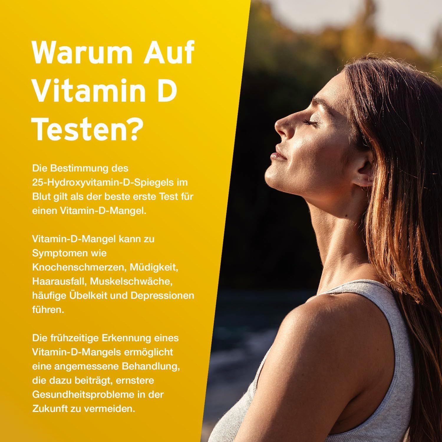 Donna con occhi chiusi. Testo: Perché testare la vitamina D? La carenza di vitamina D può causare affaticamento.