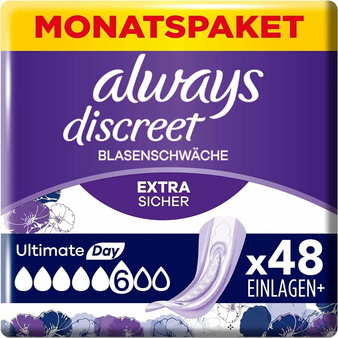 Always Discreet Ultimate Day, confezione mensile. Confezione blu con nome, logo e caratteristiche del prodotto. 48 assorbenti.