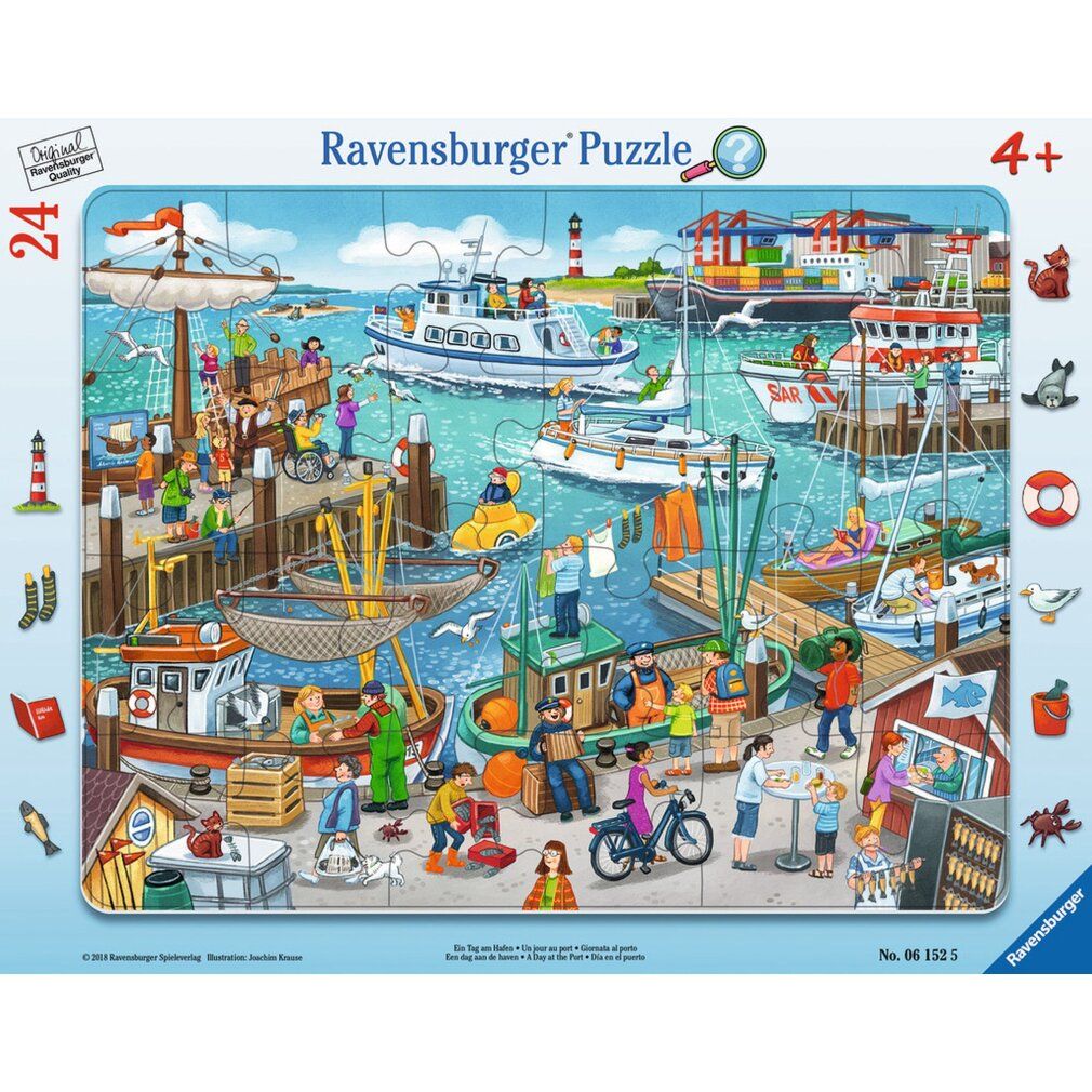 Puzzle Ravensburger. Scena portuale con barche, persone ed edifici. 24 pezzi, consigliato dai 4 anni in su. Confezione con logo e marchio di qualità.