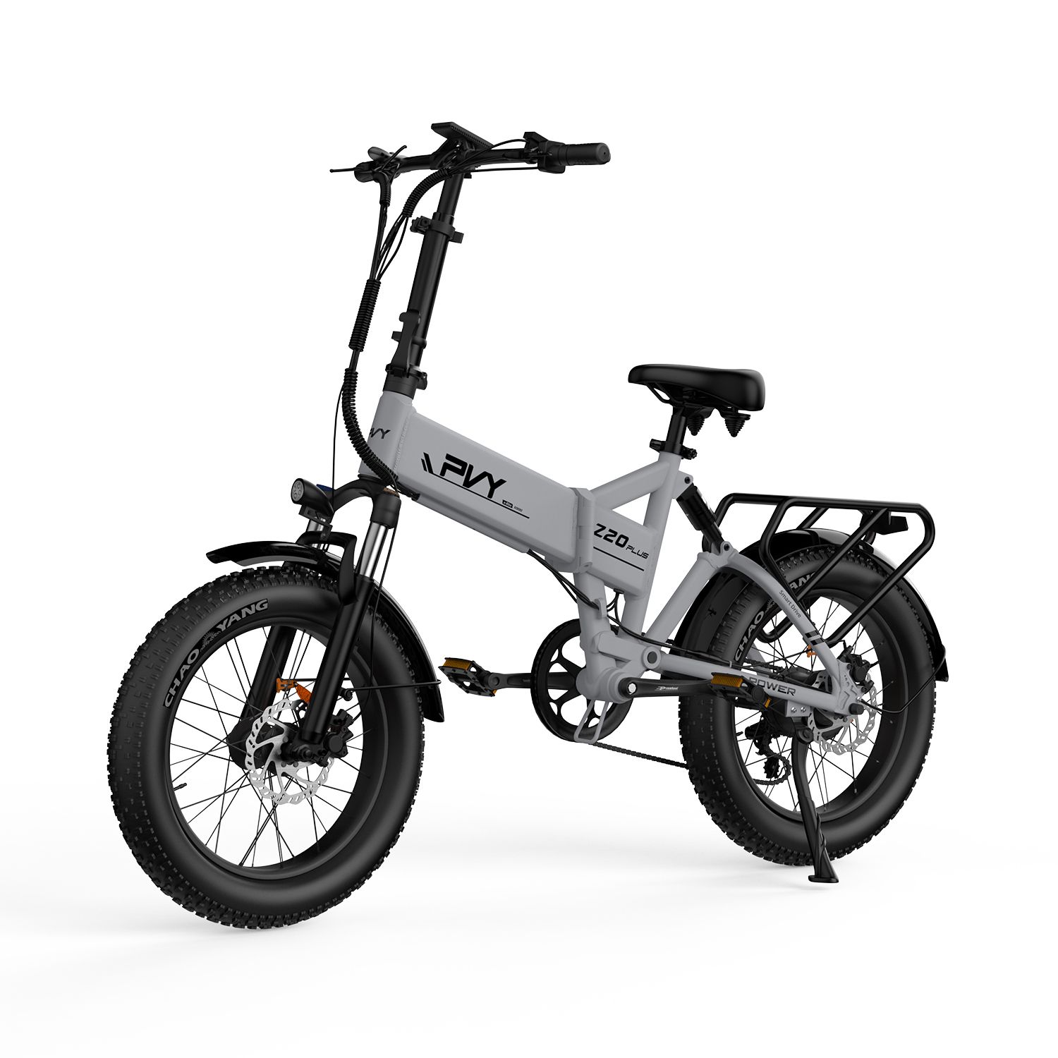 E-bike grigio con pneumatici neri e portapacchi. Scritta: PVY Z20 Plus.