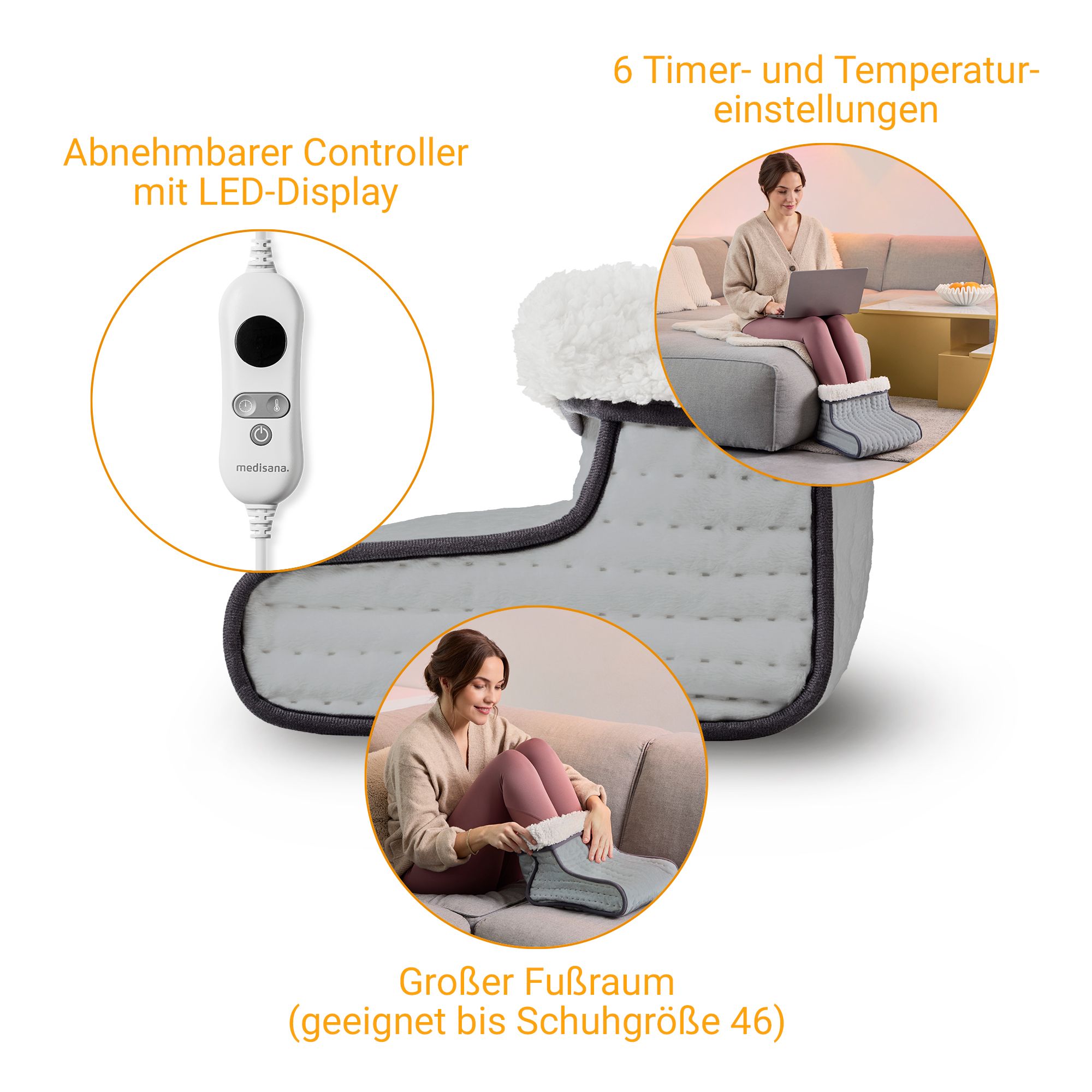 Scaldapiedi grigio con fodera interna bianca e pannello di controllo. Testo: Controller rimovibile con display LED, 6 impostazioni timer e temperatura, Ampio spazio per i piedi.