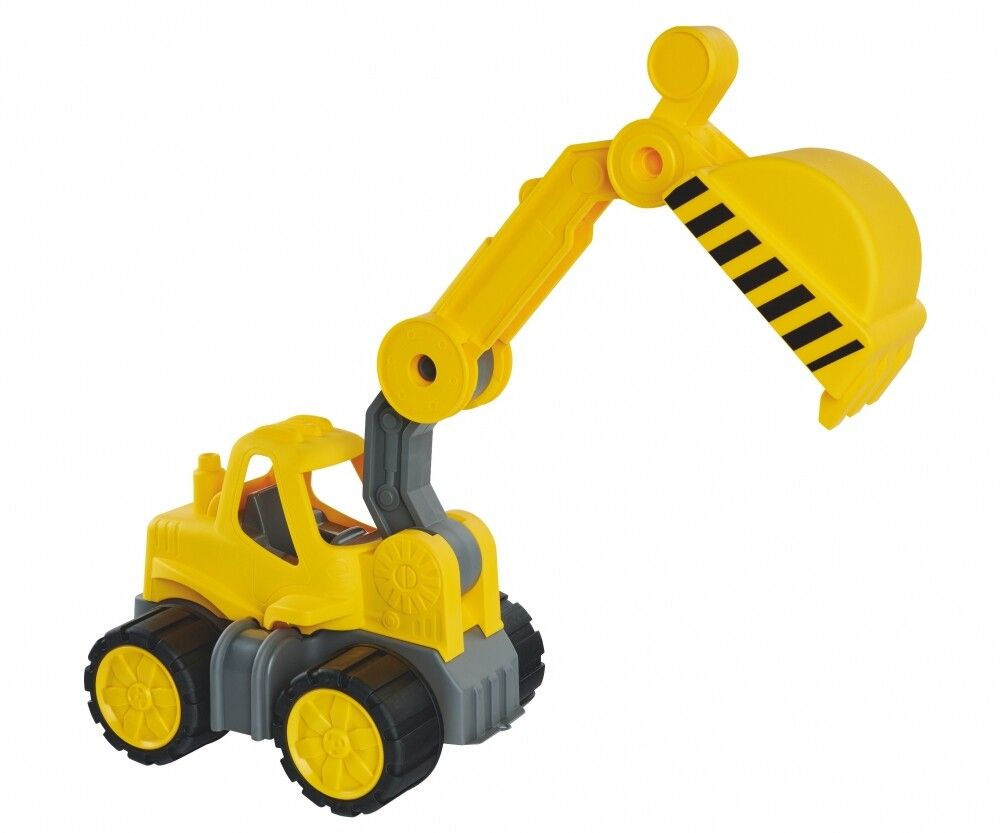 Escavatore giallo con strisce nere sulla benna. Bracci e ruote grigie. Cerchi gialli. Su sfondo bianco.