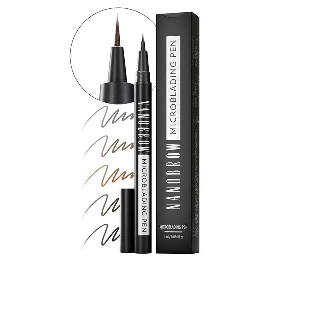 Penna marrone "Nanobrow Microblading Pen". Confezione nera con nome del prodotto. Tratti in diverse tonalità di marrone.
