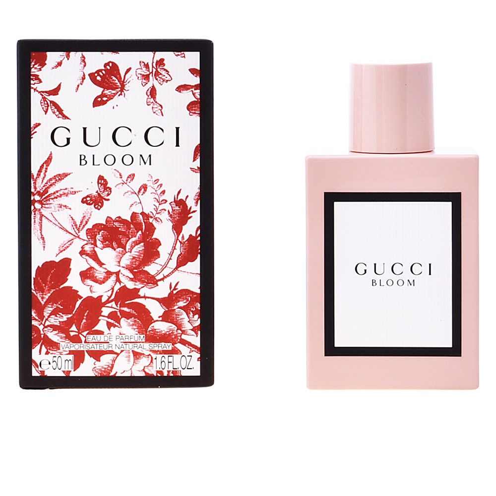 Flacone e confezione rosa. Sulla confezione: Gucci Bloom, motivi floreali rossi. Flacone con etichetta bianca e cornice nera.