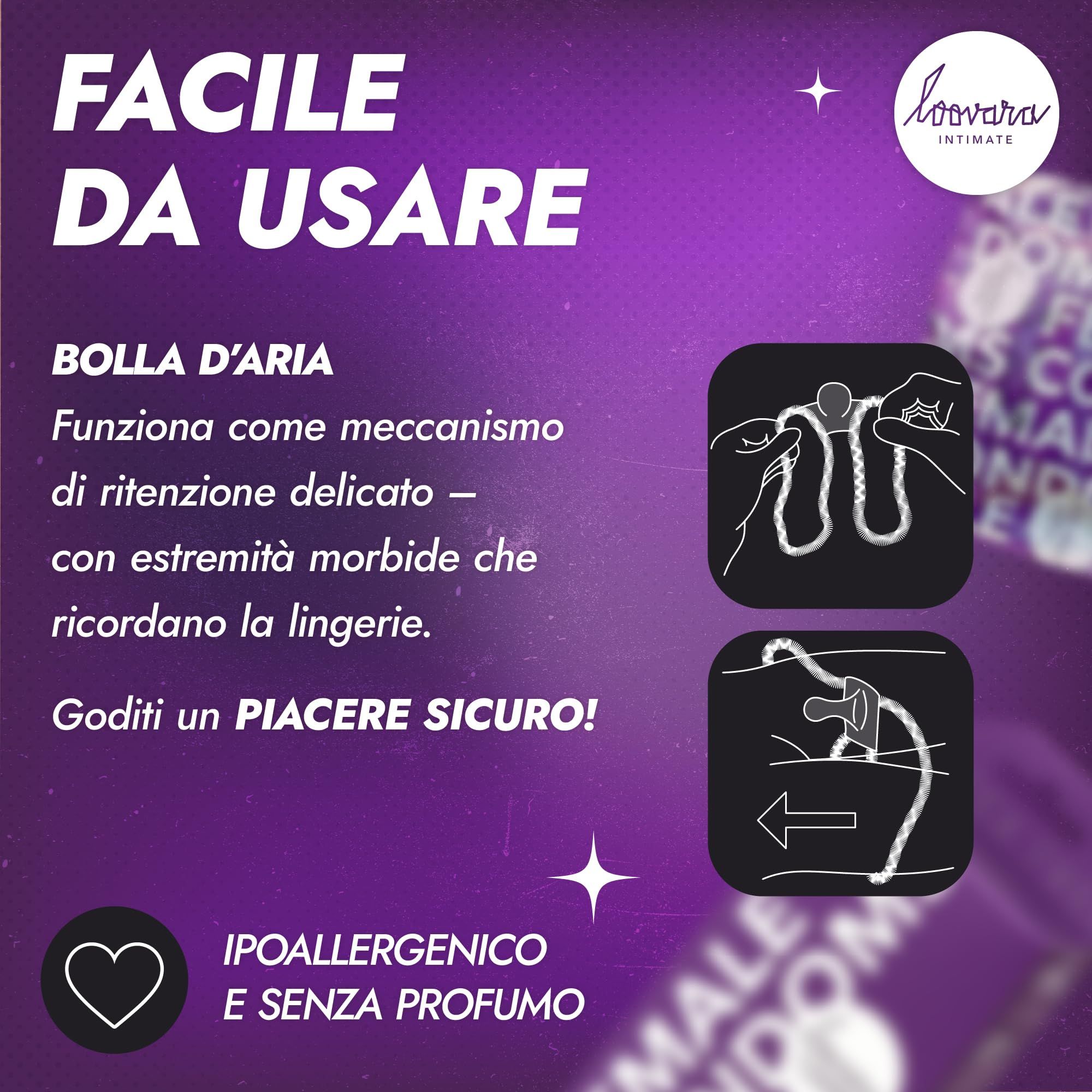 Confezione viola con "FEMALE CONDOMS" e un preservativo, "MASSIMA SICUREZZA", "PRODOTTO MEDICO".