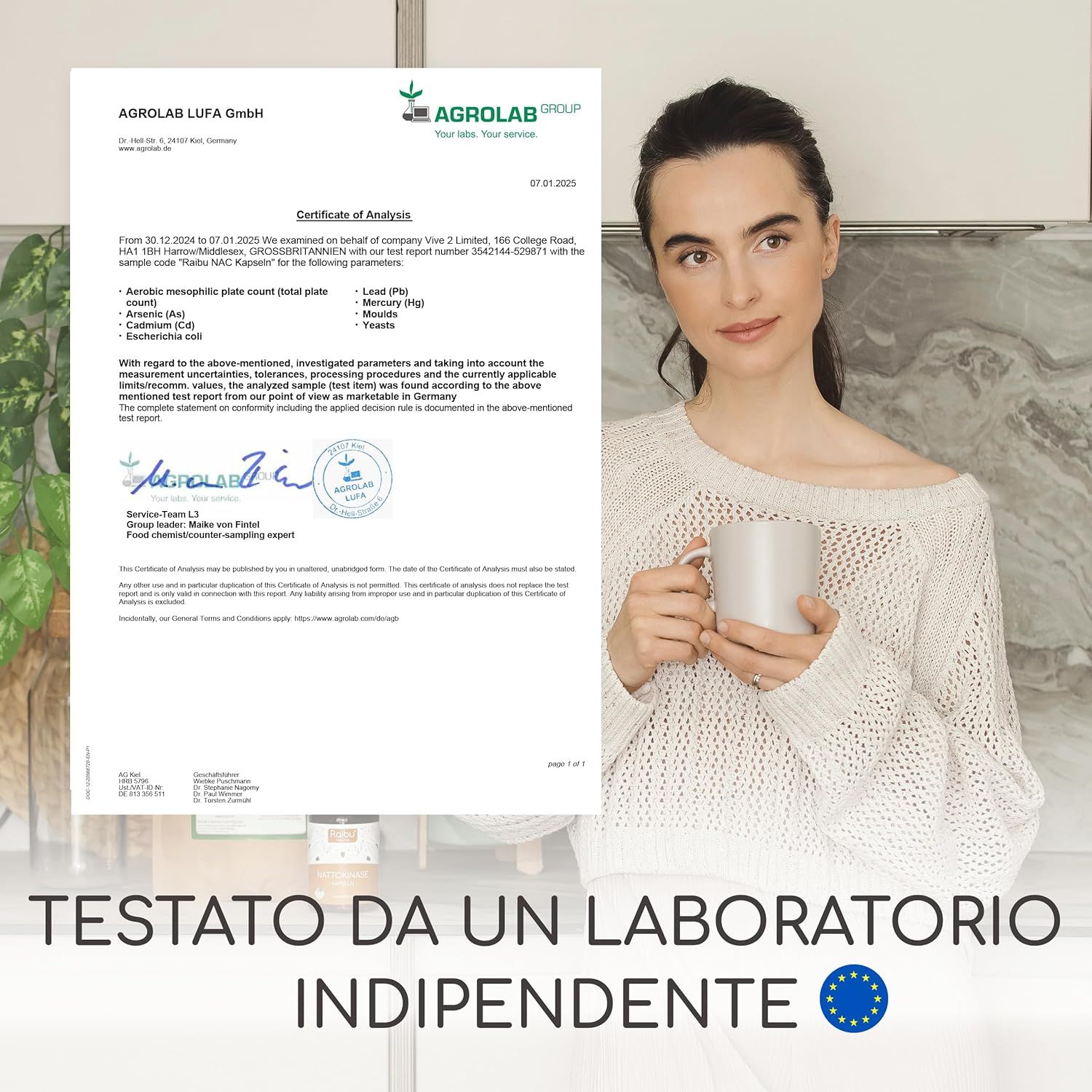 Certificato di Agrolab Lufa GmbH. Testo: Testato da un laboratorio indipendente. Sigillo UE.