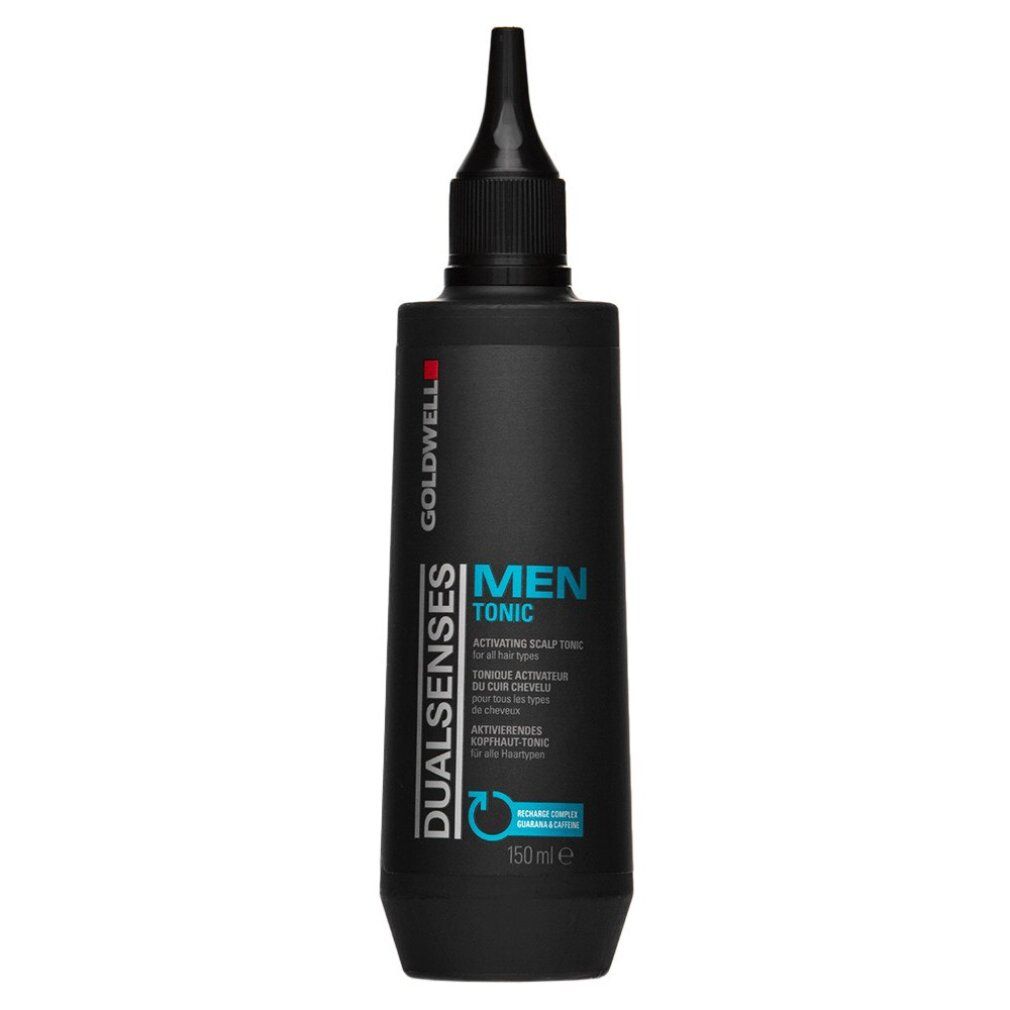 Flacone nero con applicatore nero. Scritta: Goldwell Dualsenses Men Tonic. Tonico attivatore cuoio capelluto. 150ml.