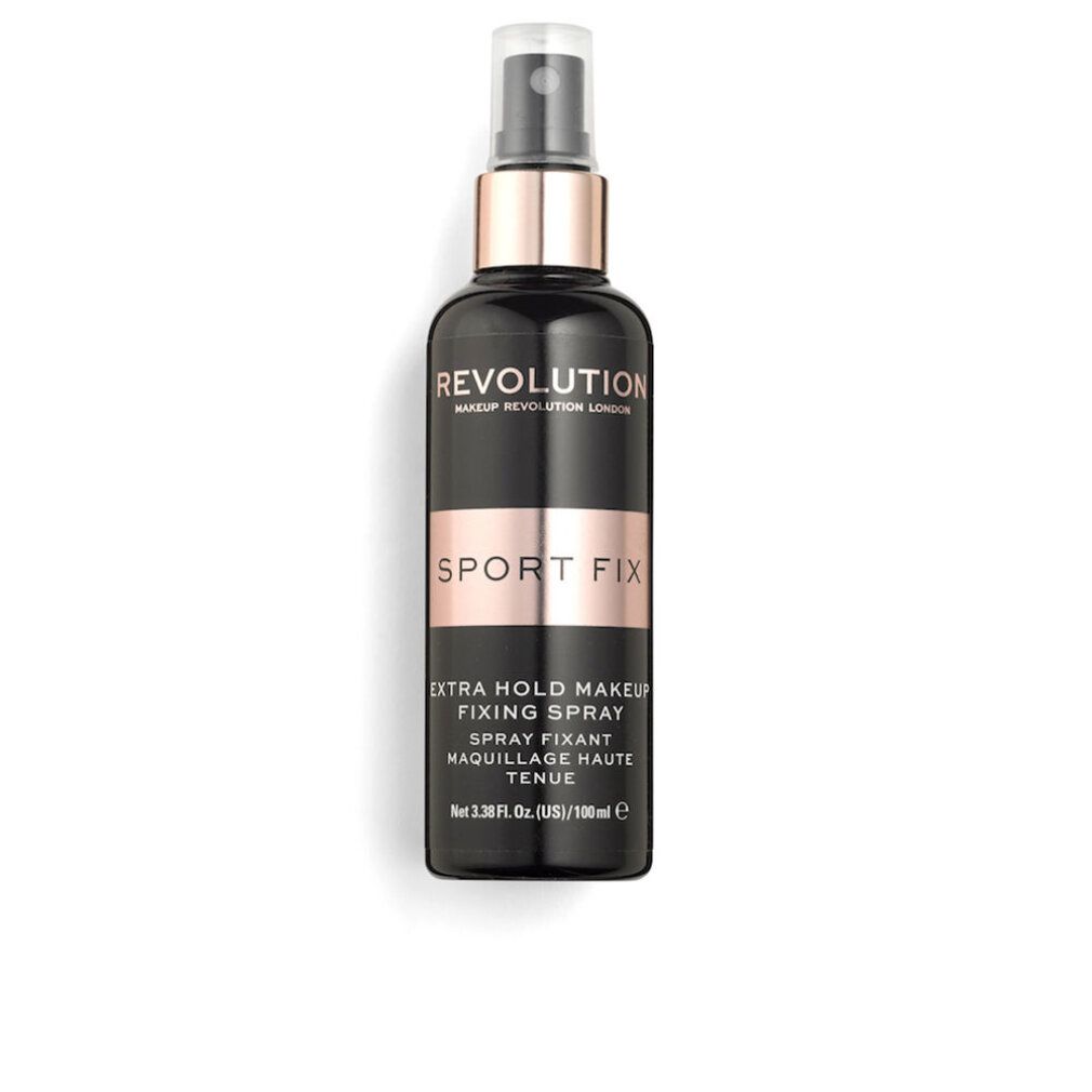 Flacone spray nero con dettagli oro rosa. Scritta: REVOLUTION, SPORT FIX, EXTRA HOLD MAKEUP FIXING SPRAY.