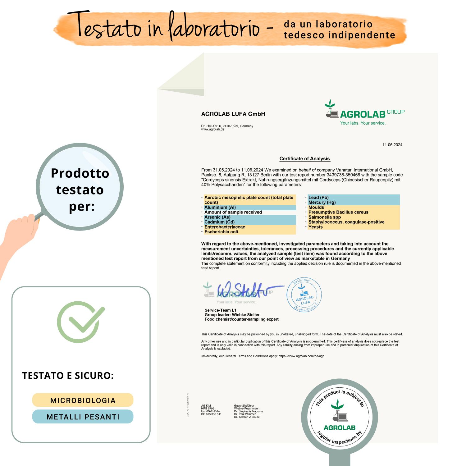 Rapporto di laboratorio Agrolab. Testato e sicuro: microbiologia, metalli pesanti. Certificazione.