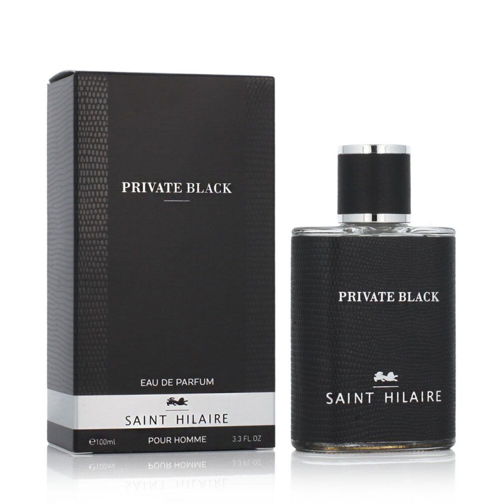 Flacone e confezione neri. Scritta "PRIVATE BLACK", "SAINT HILAIRE" e "EAU DE PARFUM".