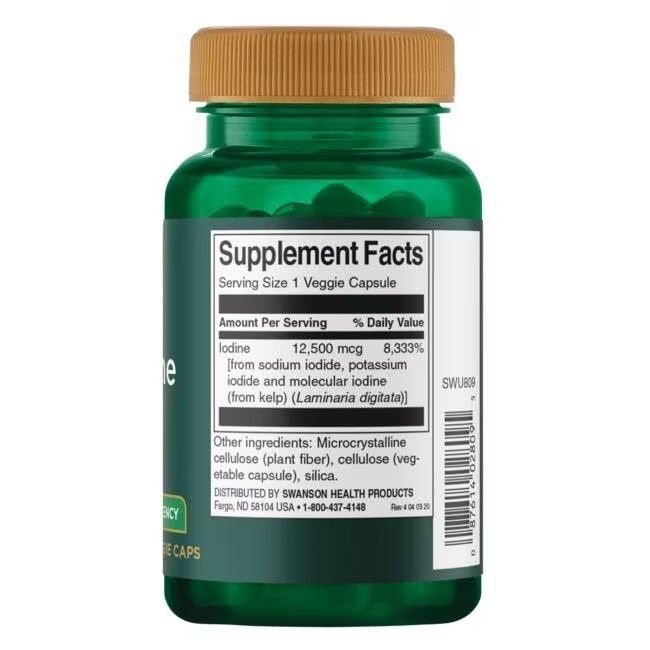 Flacone verde con tappo marrone. Etichetta con informazioni nutrizionali, ingredienti e produttore. Capsule visibili.