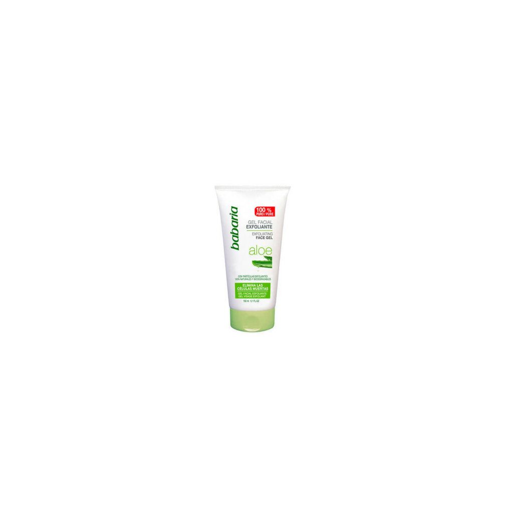 Tubo di gel esfoliante viso Babaria Aloe. Tubo bianco con tappo verde. Testo: 'Aloe', 'Gel Facial Exfoliante', '100% puro'.