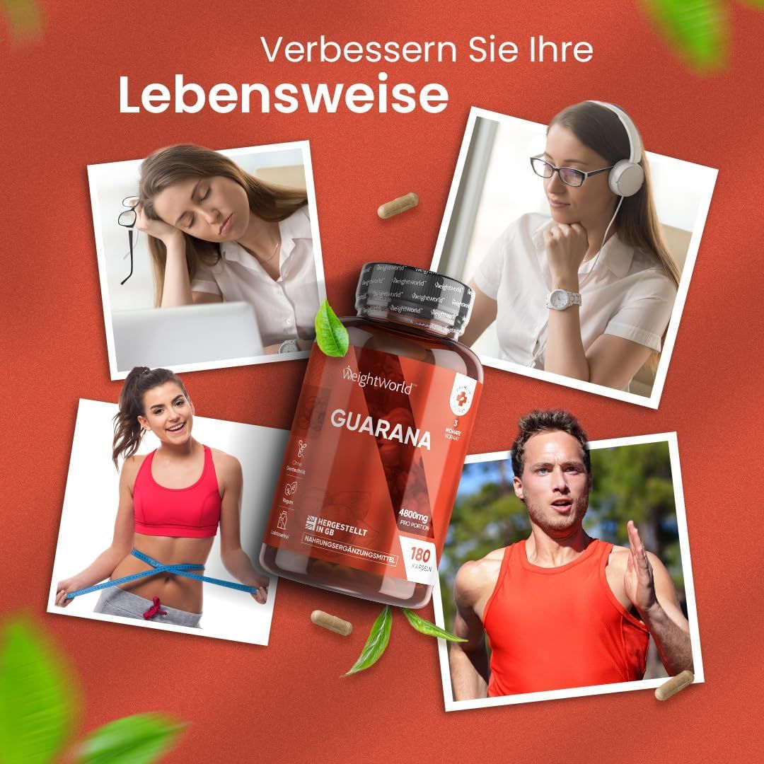 Flacone di capsule di guaranà, circondato da immagini: donna che dorme, donna con metro a nastro, donna con cuffie, uomo che corre.