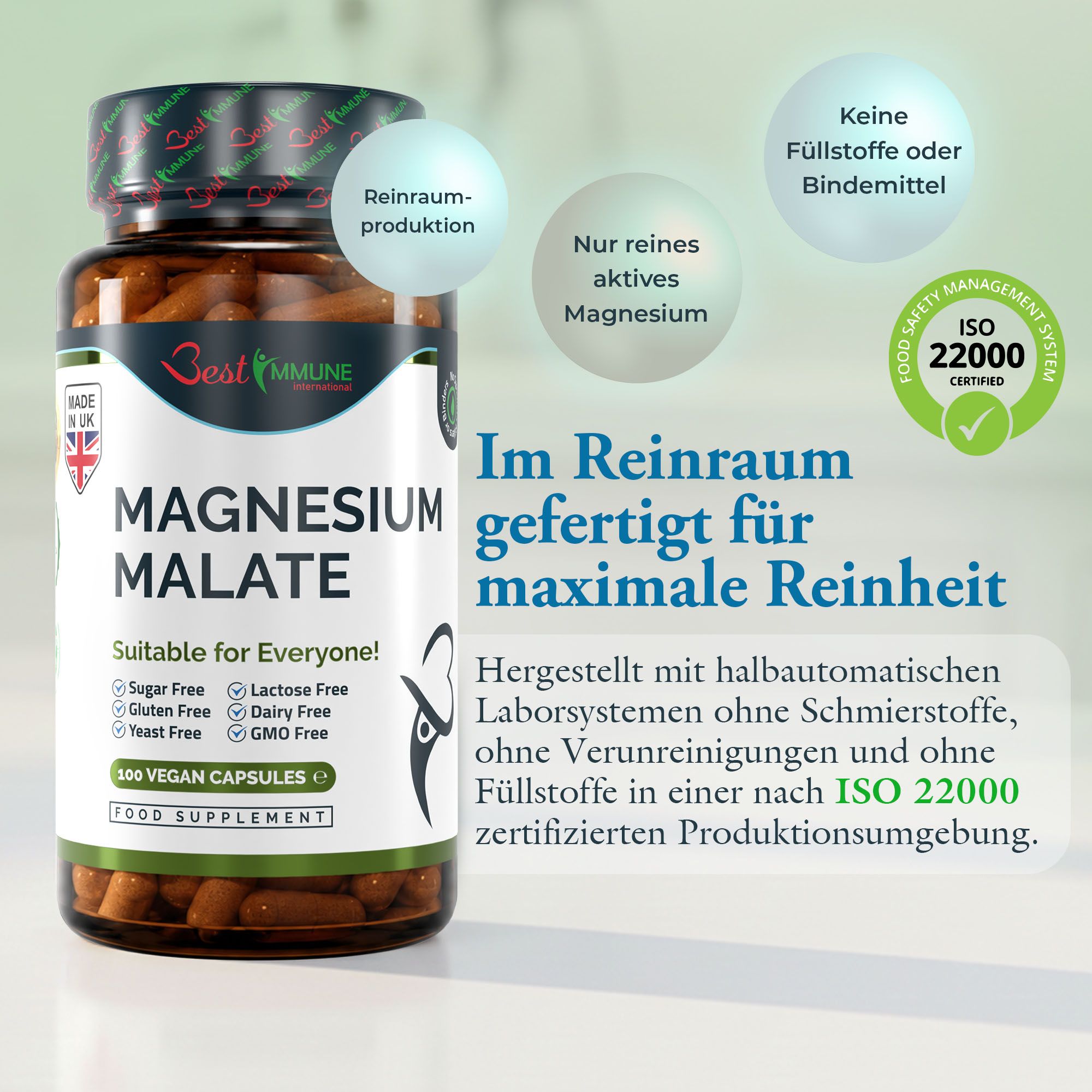 Flacone da 100 capsule vegane di magnesio malato, prodotto in camera bianca, certificato ISO 22000.