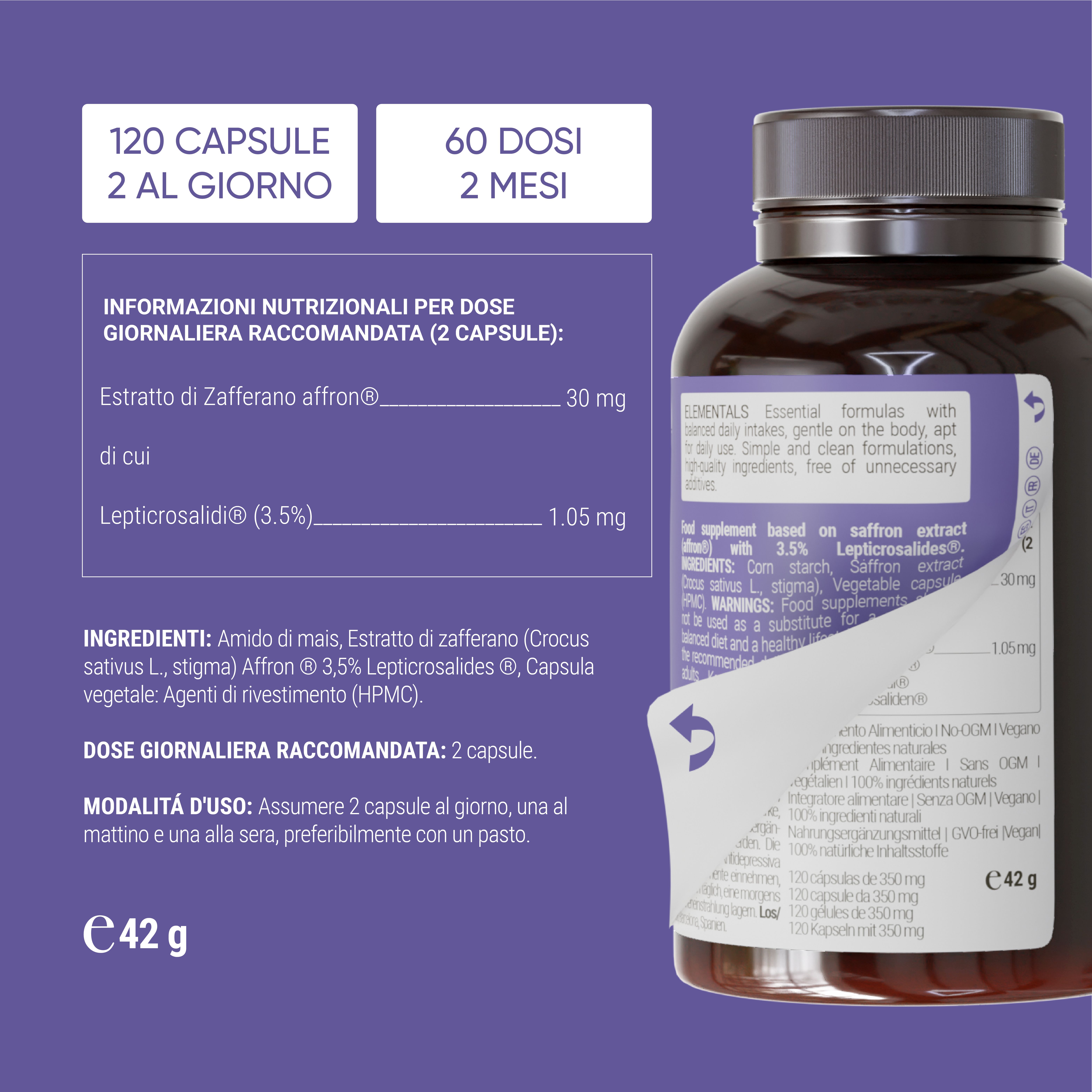 Flacone marrone con capsule. Testo: Nullure Safran affron. 120 capsule. Testo: 2 capsule al giorno. 60 dosi.