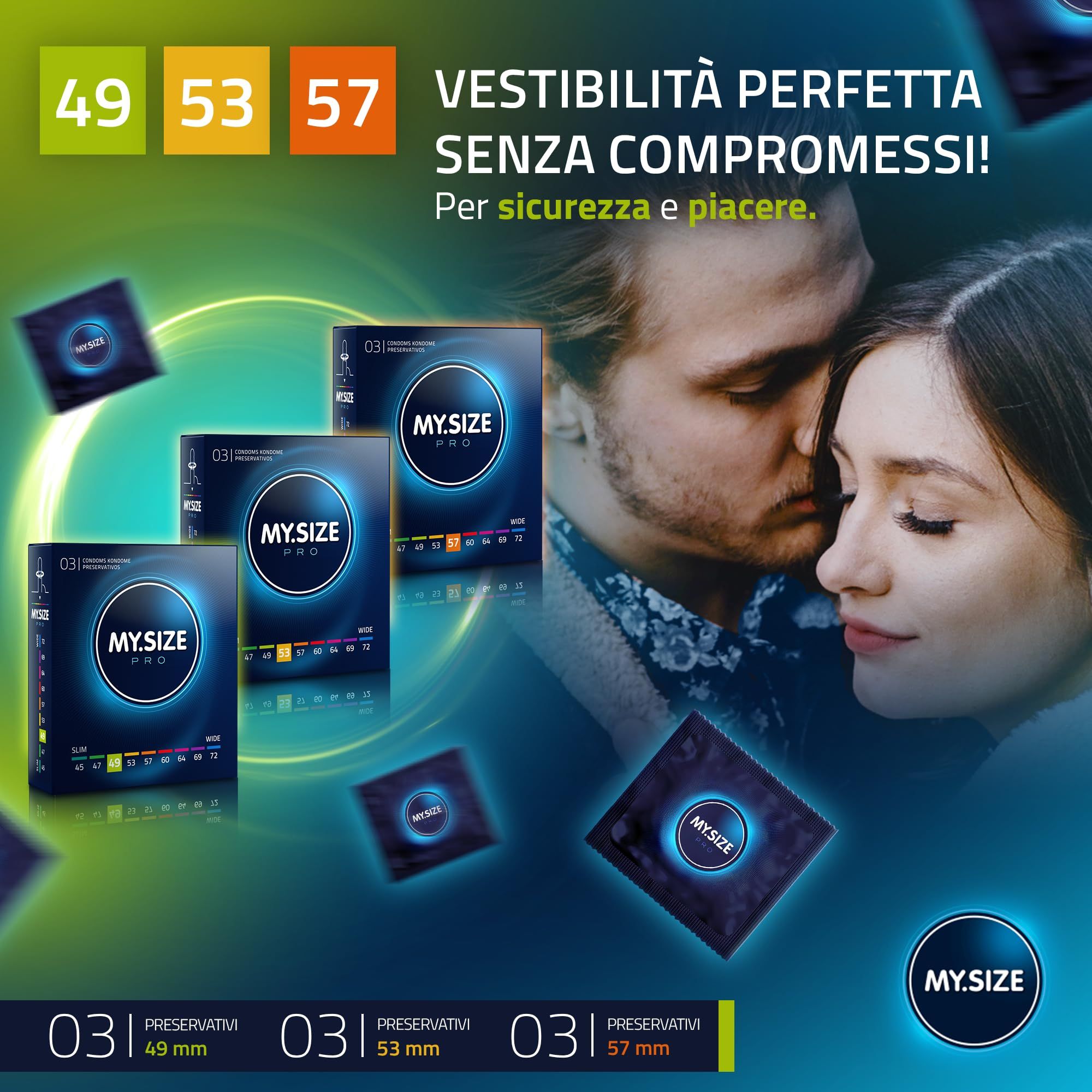 Coppia in primo piano, tre confezioni di preservativi My.Size PRO e confezioni singole sullo sfondo.